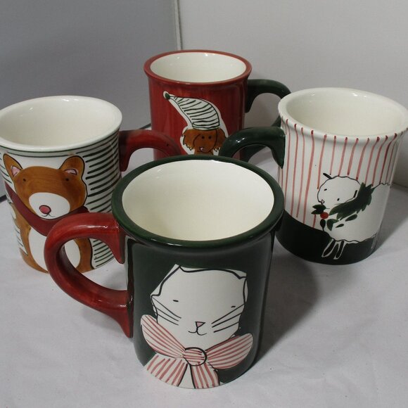 Eddie Bauer Home Large Coffee Mug Cups Set of 4 Dog Cat Bear Sheep Animals - Picture 1 of 7